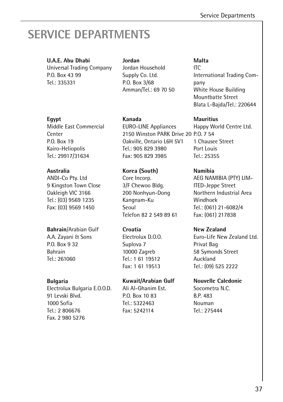 Service departments | AEG 4070 User Manual | Page 37 / 44