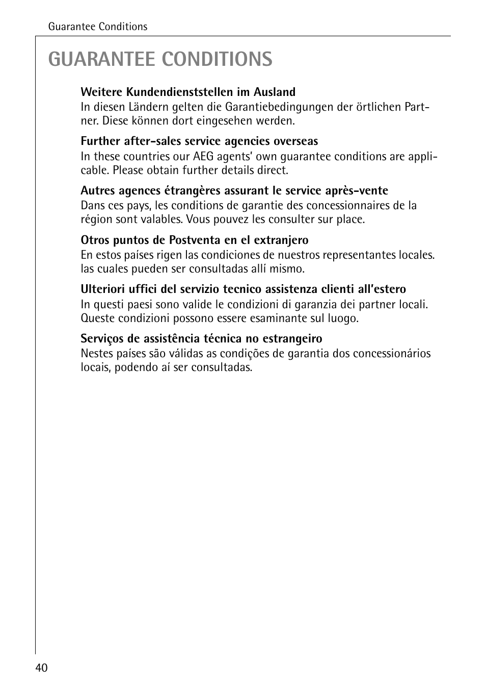 Guarantee conditions | AEG 4070 User Manual | Page 40 / 44