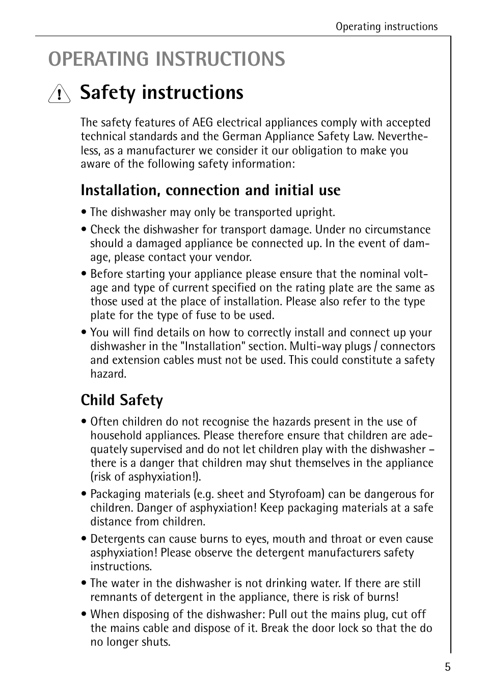 Operating instructions, Safety instructions, Installation, connection and initial use | Child safety | AEG 4070 User Manual | Page 5 / 44