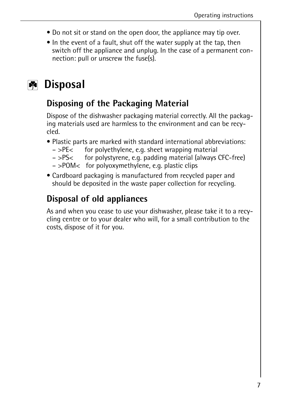 Disposal, Disposing of the packaging material, Disposal of old appliances | AEG 4070 User Manual | Page 7 / 44