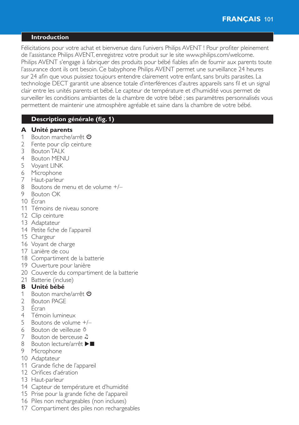 Français, Introduction, Description générale (fig. 1) | Philips AVENT Vigilabebés DECT User Manual | Page 101 / 212