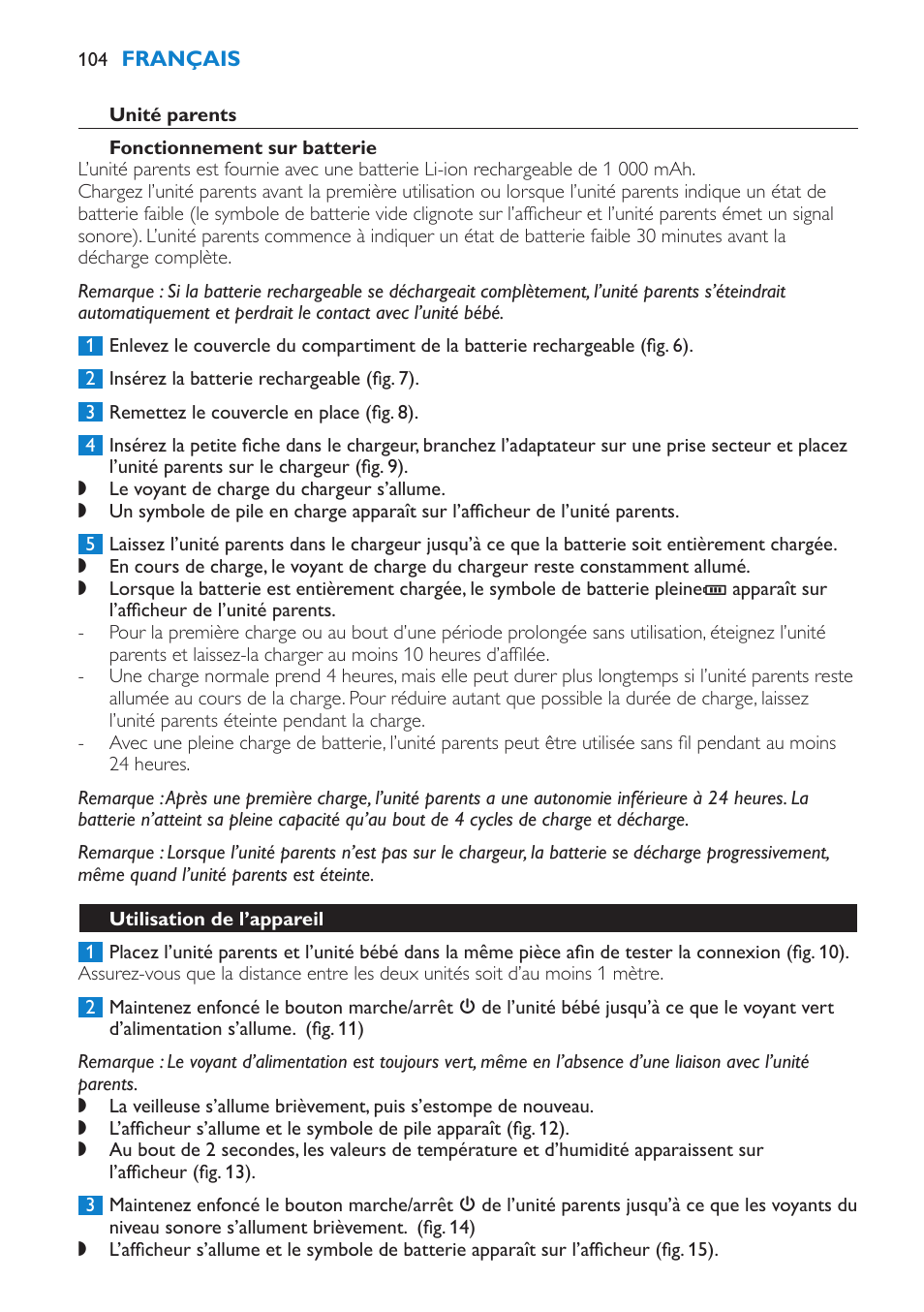 Unité parents, Fonctionnement sur batterie, Utilisation de l’appareil | Philips AVENT Vigilabebés DECT User Manual | Page 104 / 212