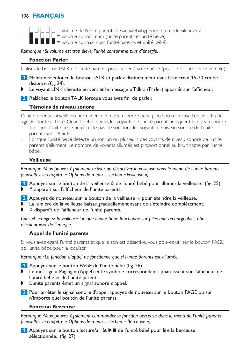 Fonction parler, Témoins de niveau sonore, Veilleuse | Appel de l’unité parents, Fonction berceuse | Philips AVENT Vigilabebés DECT User Manual | Page 106 / 212