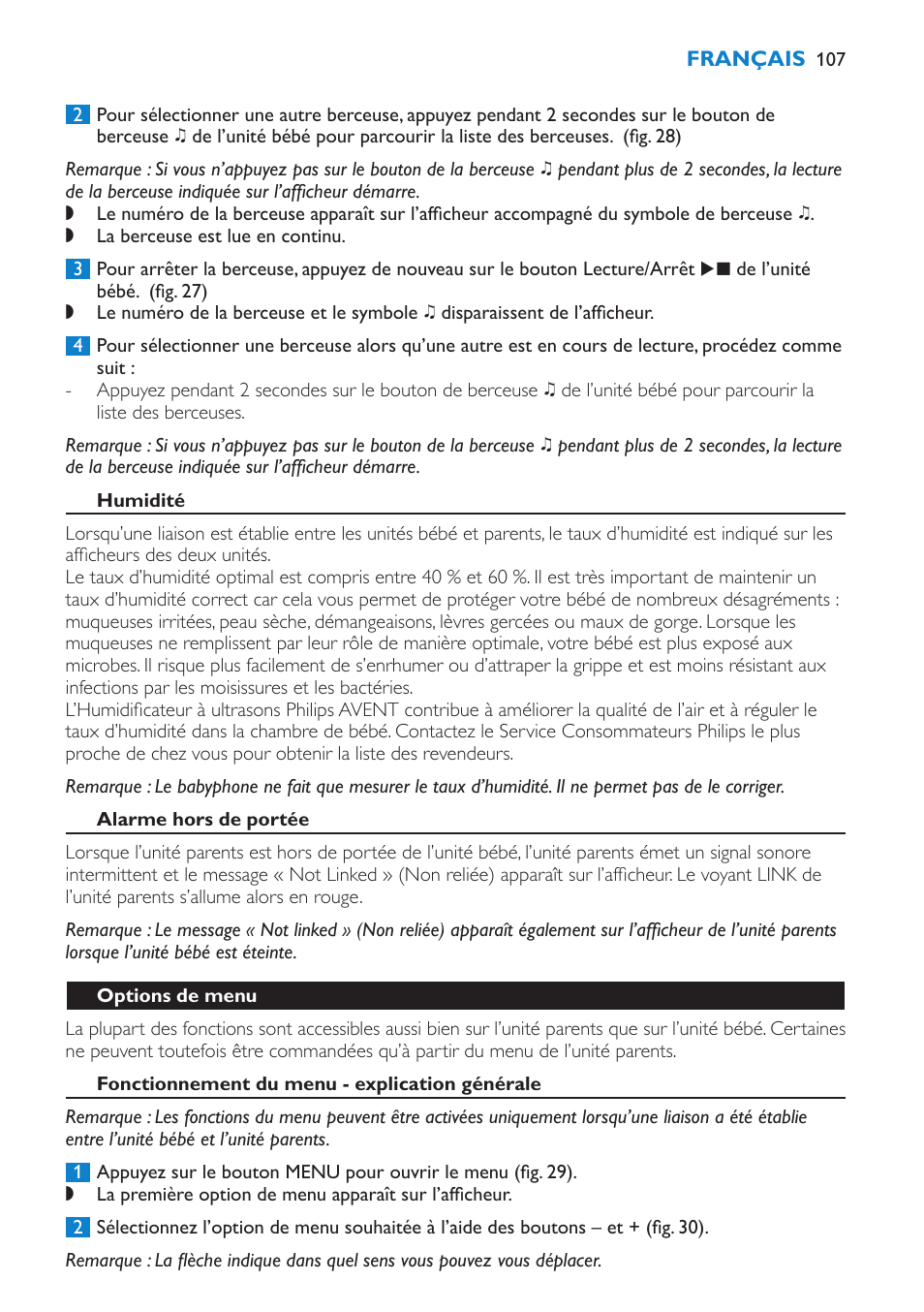 Humidité, Alarme hors de portée, Options de menu | Fonctionnement du menu - explication générale | Philips AVENT Vigilabebés DECT User Manual | Page 107 / 212