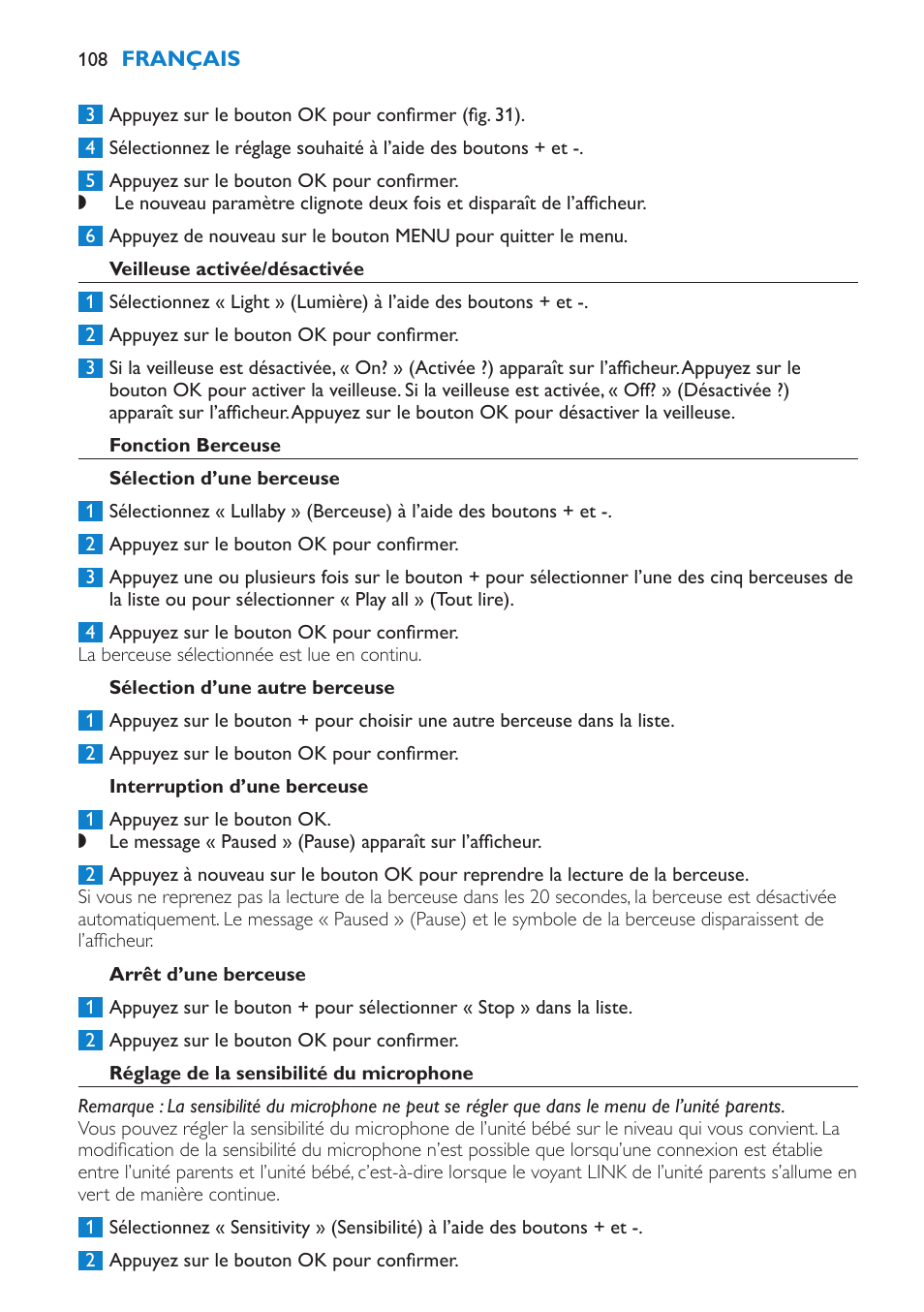 Veilleuse activée/désactivée, Fonction berceuse, Sélection d’une berceuse | Sélection d’une autre berceuse, Interruption d’une berceuse, Arrêt d’une berceuse, Réglage de la sensibilité du microphone | Philips AVENT Vigilabebés DECT User Manual | Page 108 / 212