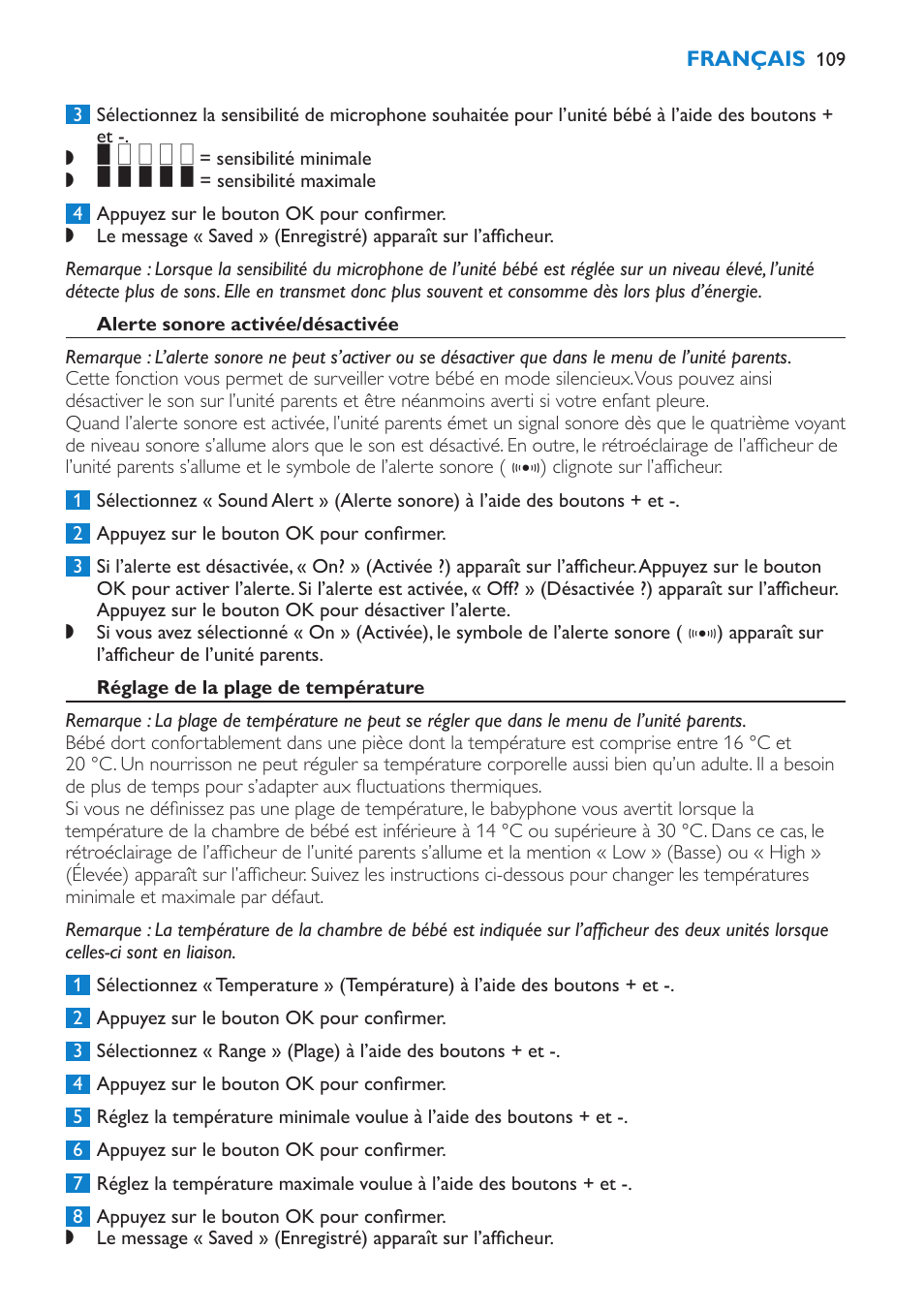 Alerte sonore activée/désactivée, Réglage de la plage de température | Philips AVENT Vigilabebés DECT User Manual | Page 109 / 212