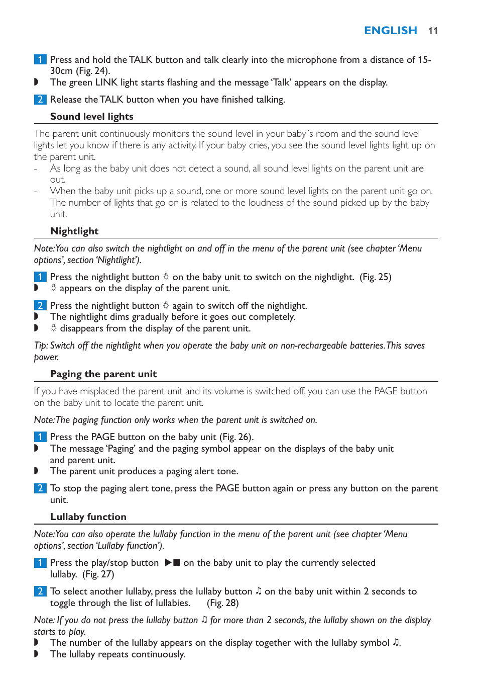 Sound level lights, Nightlight, Paging the parent unit | Lullaby function | Philips AVENT Vigilabebés DECT User Manual | Page 11 / 212