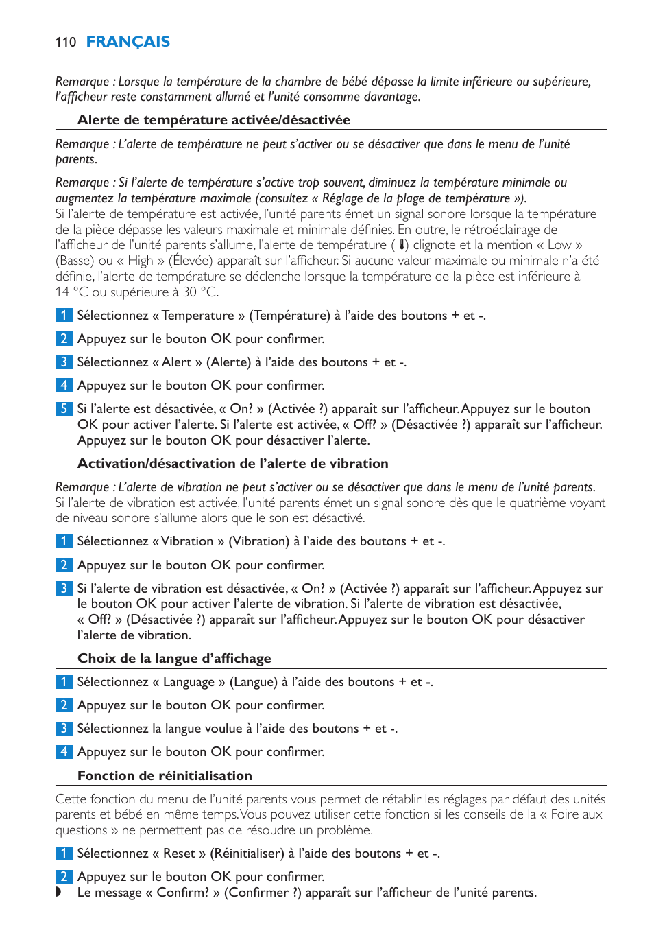 Alerte de température activée/désactivée, Activation/désactivation de l’alerte de vibration, Choix de la langue d’affichage | Fonction de réinitialisation | Philips AVENT Vigilabebés DECT User Manual | Page 110 / 212