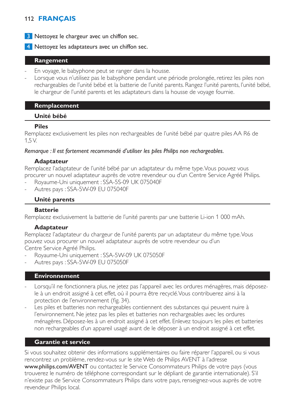 Rangement, Remplacement, Unité bébé | Piles, Adaptateur, Unité parents, Batterie, Environnement, Garantie et service | Philips AVENT Vigilabebés DECT User Manual | Page 112 / 212
