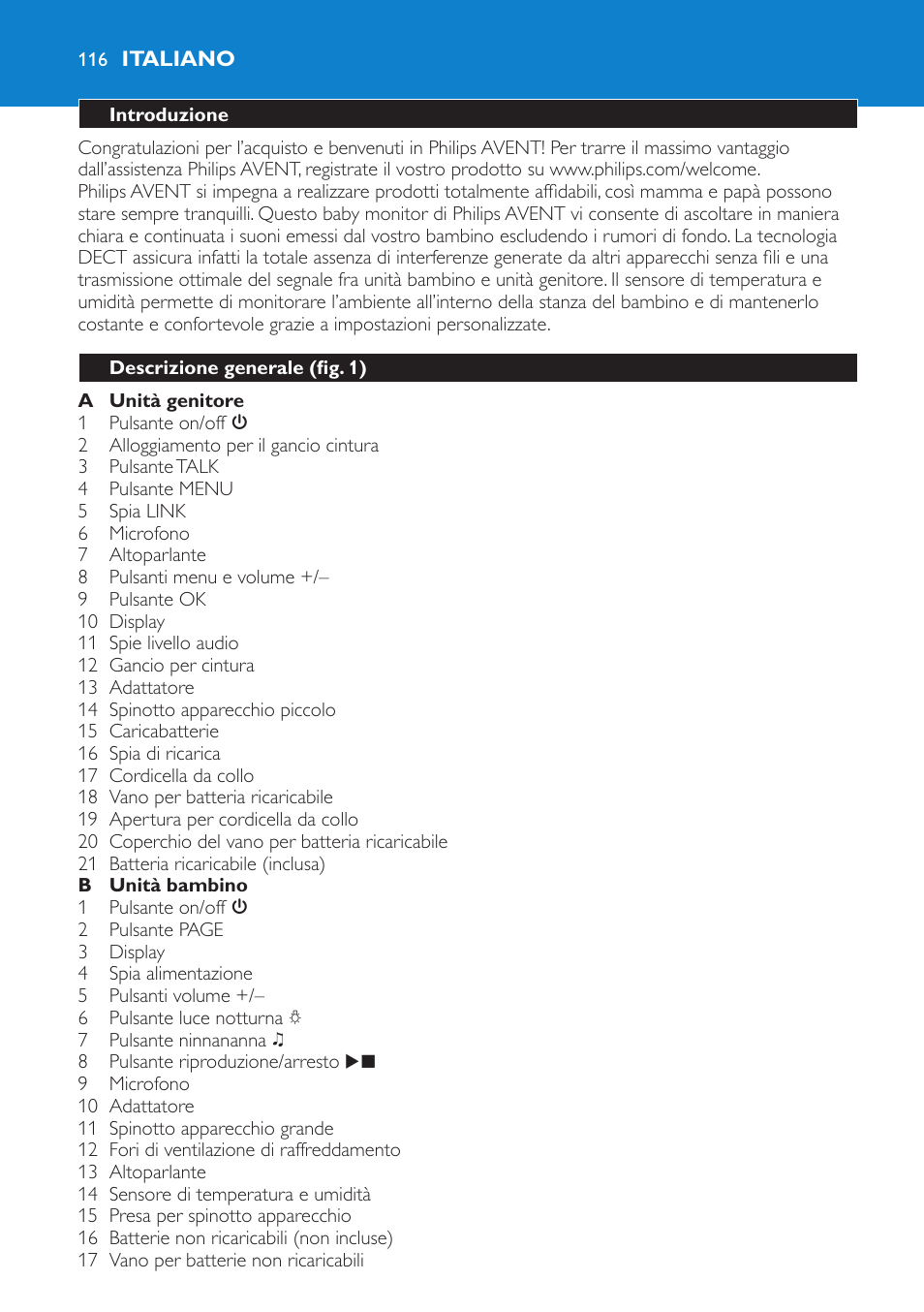 Italiano, Introduzione, Descrizione generale (fig. 1) | Philips AVENT Vigilabebés DECT User Manual | Page 116 / 212