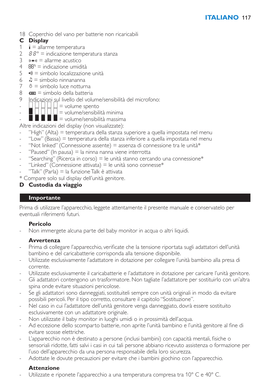 Pericolo, Avvertenza, Importante | Philips AVENT Vigilabebés DECT User Manual | Page 117 / 212