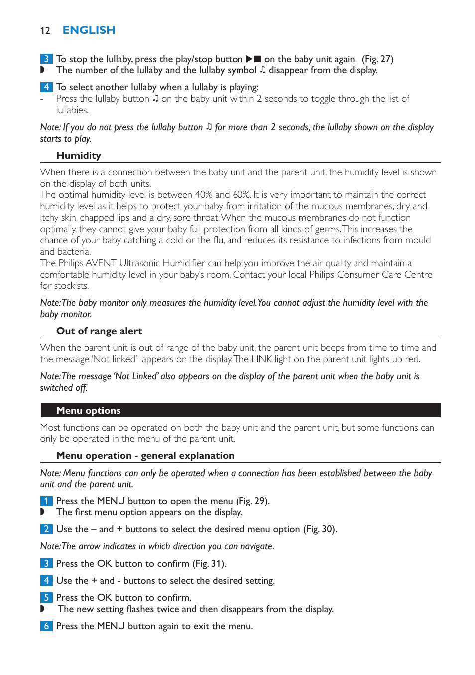 Humidity, Out of range alert, Menu options | Menu operation - general explanation | Philips AVENT Vigilabebés DECT User Manual | Page 12 / 212