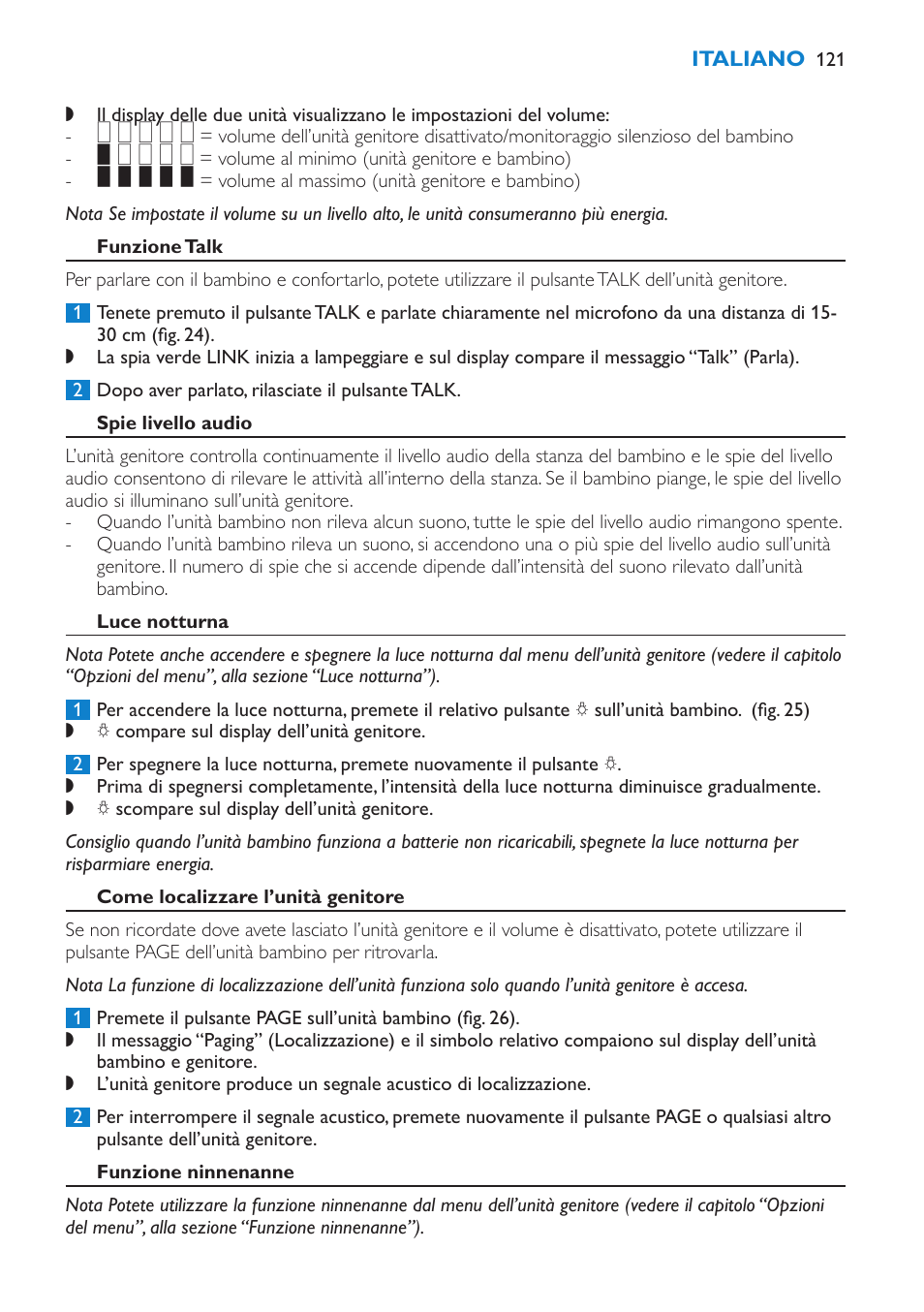 Funzione talk, Spie livello audio, Luce notturna | Come localizzare l’unità genitore, Funzione ninnenanne | Philips AVENT Vigilabebés DECT User Manual | Page 121 / 212