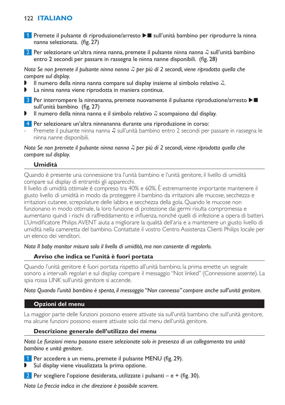 Umidità, Avviso che indica se l’unità è fuori portata, Opzioni del menu | Descrizione generale dell’utilizzo dei menu | Philips AVENT Vigilabebés DECT User Manual | Page 122 / 212