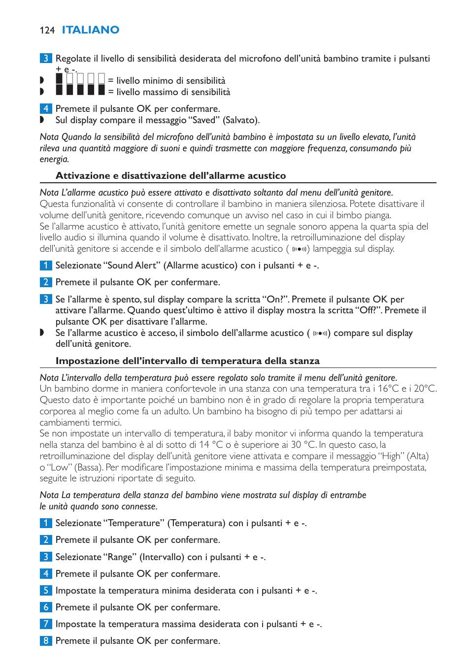 Attivazione e disattivazione dell’allarme acustico | Philips AVENT Vigilabebés DECT User Manual | Page 124 / 212