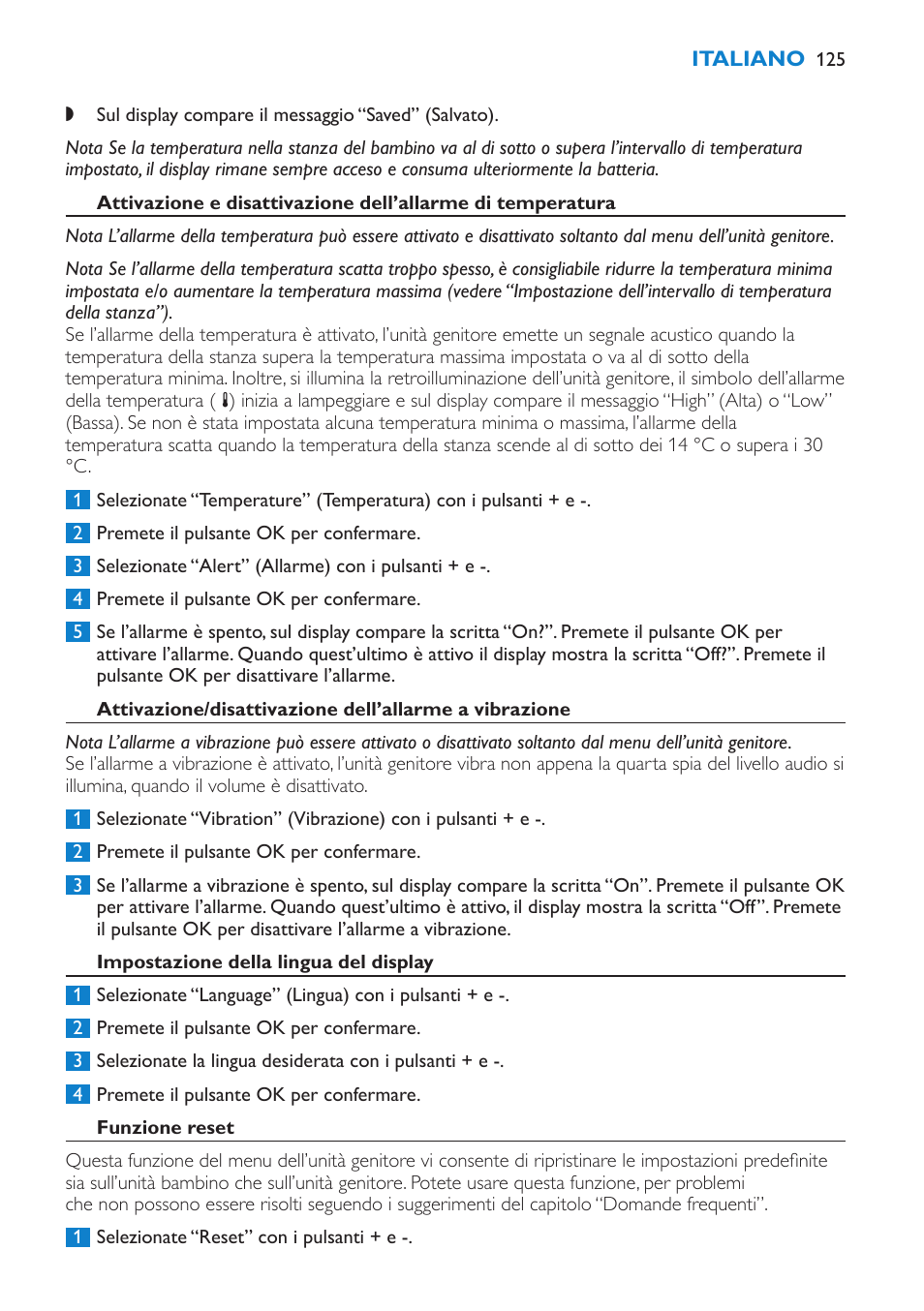 Impostazione della lingua del display, Funzione reset | Philips AVENT Vigilabebés DECT User Manual | Page 125 / 212