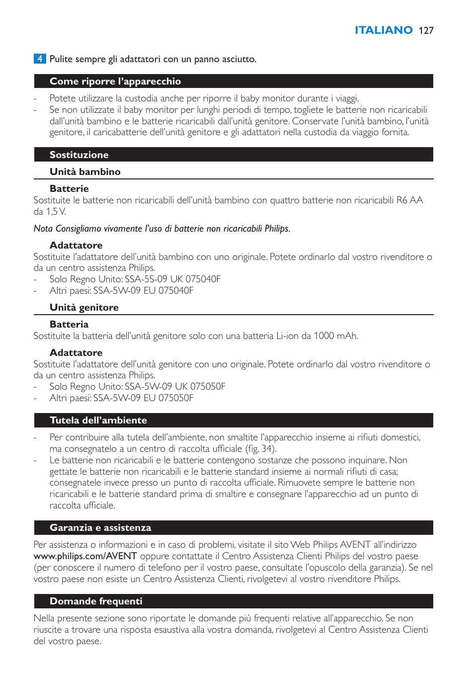 Come riporre l’apparecchio, Sostituzione, Unità bambino | Batterie, Adattatore, Unità genitore, Batteria, Tutela dell’ambiente, Garanzia e assistenza | Philips AVENT Vigilabebés DECT User Manual | Page 127 / 212