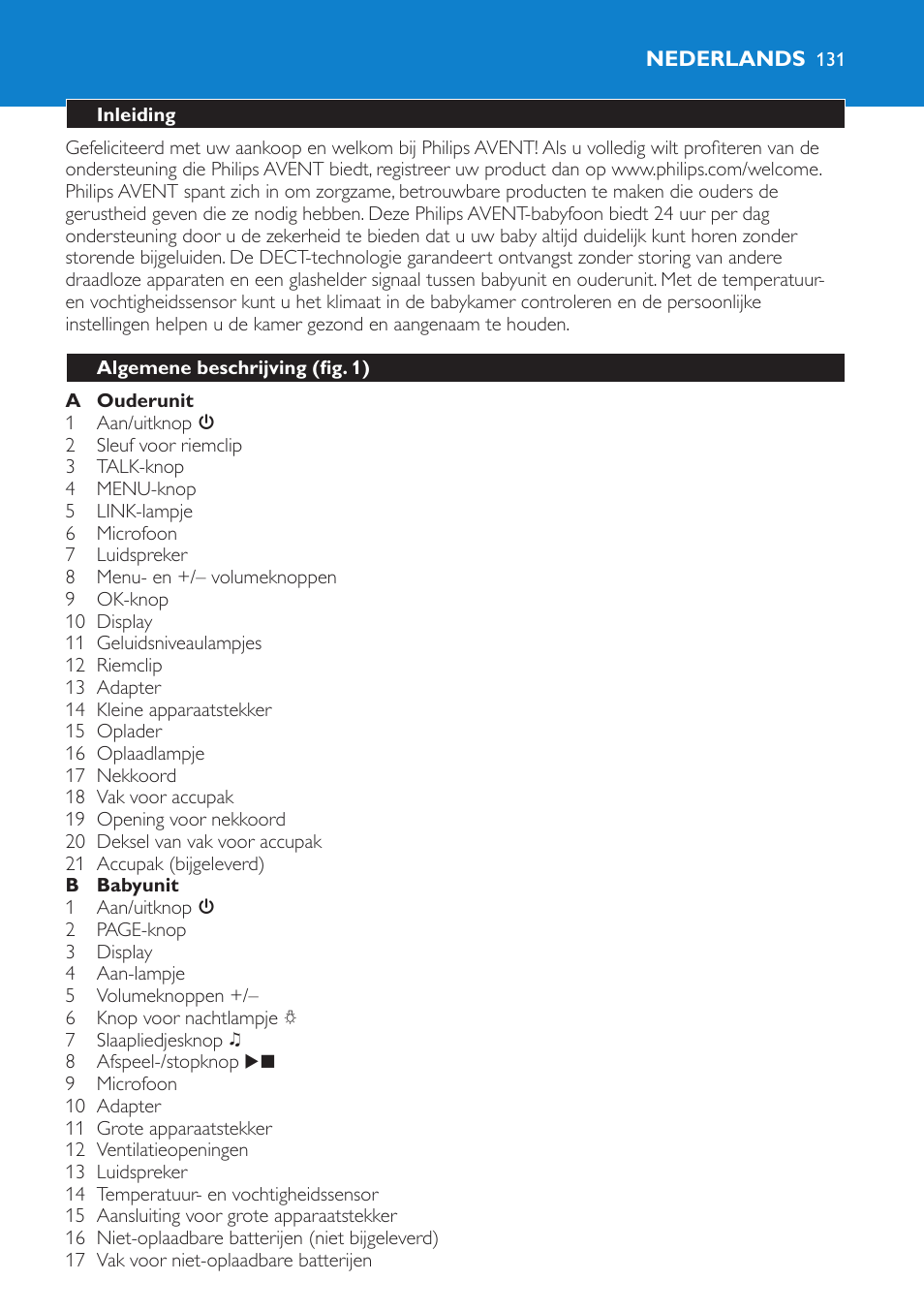 Nederlands, Inleiding, Algemene beschrijving (fig. 1) | Philips AVENT Vigilabebés DECT User Manual | Page 131 / 212