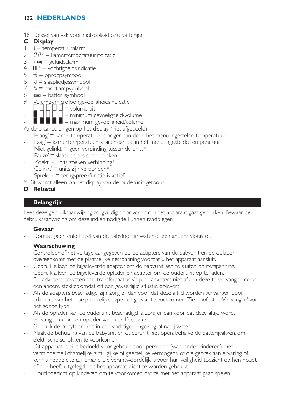 Gevaar, Waarschuwing, Belangrijk | Philips AVENT Vigilabebés DECT User Manual | Page 132 / 212