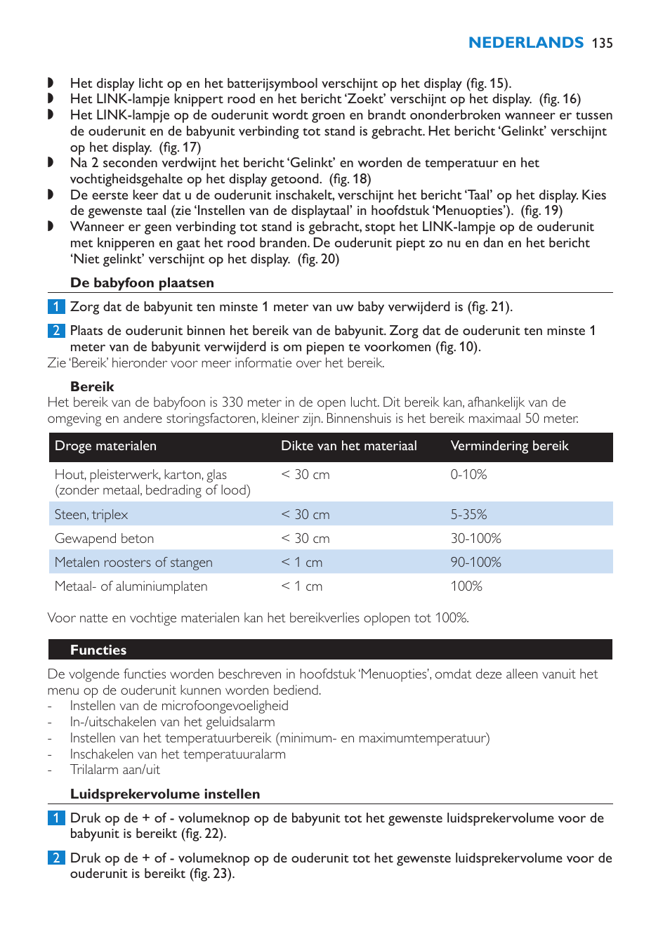 De babyfoon plaatsen, Bereik, Functies | Luidsprekervolume instellen | Philips AVENT Vigilabebés DECT User Manual | Page 135 / 212