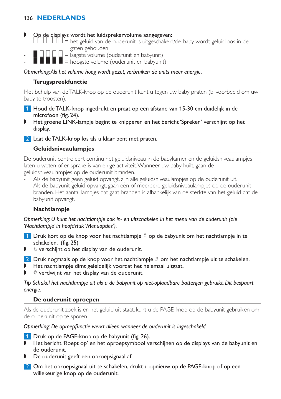 Terugspreekfunctie, Geluidsniveaulampjes, Nachtlampje | De ouderunit oproepen, Slaapliedjesfunctie | Philips AVENT Vigilabebés DECT User Manual | Page 136 / 212