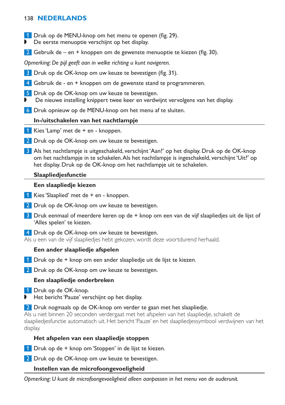 In-/uitschakelen van het nachtlampje, Slaapliedjesfunctie, Een slaapliedje kiezen | Een ander slaapliedje afspelen, Een slaapliedje onderbreken, Het afspelen van een slaapliedje stoppen, Instellen van de microfoongevoeligheid | Philips AVENT Vigilabebés DECT User Manual | Page 138 / 212