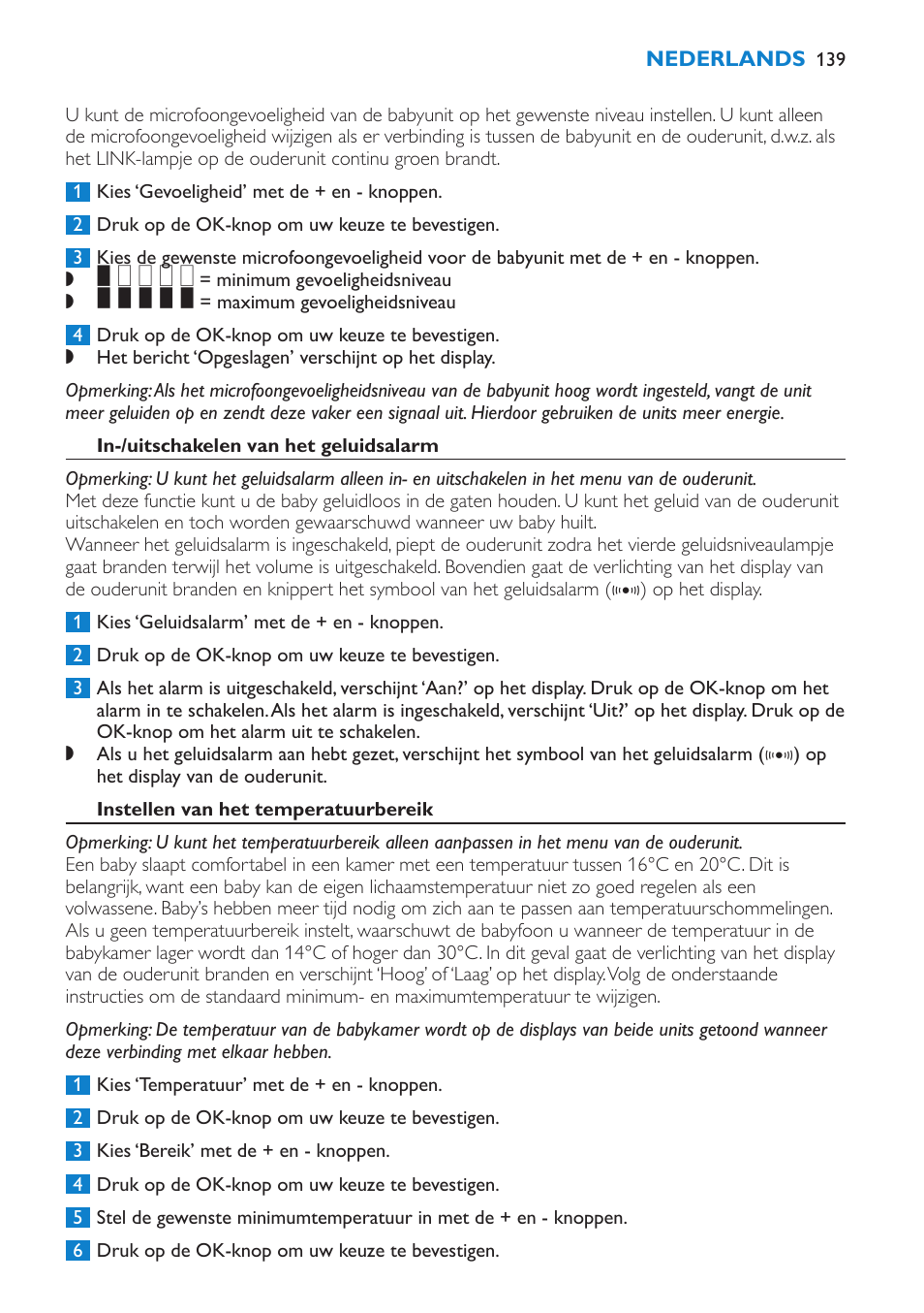 In-/uitschakelen van het geluidsalarm, Instellen van het temperatuurbereik | Philips AVENT Vigilabebés DECT User Manual | Page 139 / 212