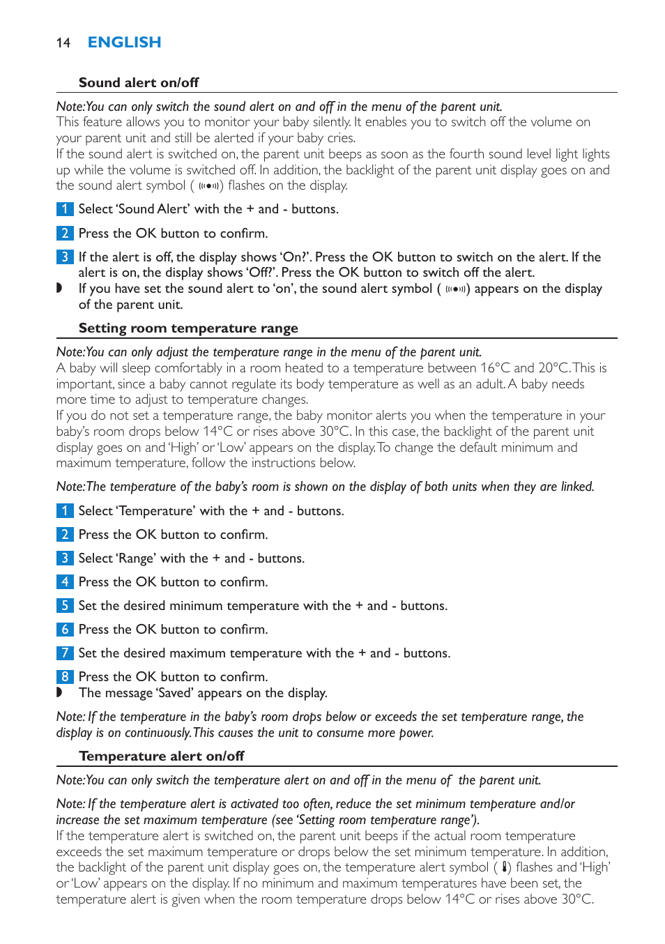 Sound alert on/off, Setting room temperature range, Temperature alert on/off | Philips AVENT Vigilabebés DECT User Manual | Page 14 / 212