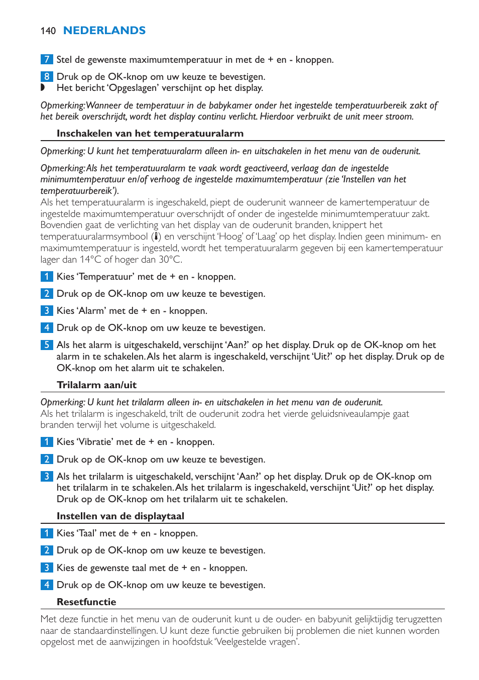 Inschakelen van het temperatuuralarm, Trilalarm aan/uit, Instellen van de displaytaal | Resetfunctie | Philips AVENT Vigilabebés DECT User Manual | Page 140 / 212