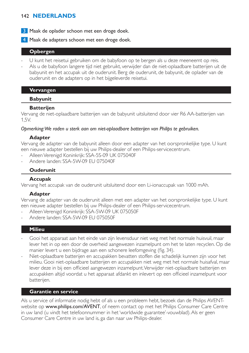 Opbergen, Vervangen, Babyunit | Batterijen, Adapter, Ouderunit, Accupak, Milieu, Garantie en service, Veelgestelde vragen | Philips AVENT Vigilabebés DECT User Manual | Page 142 / 212