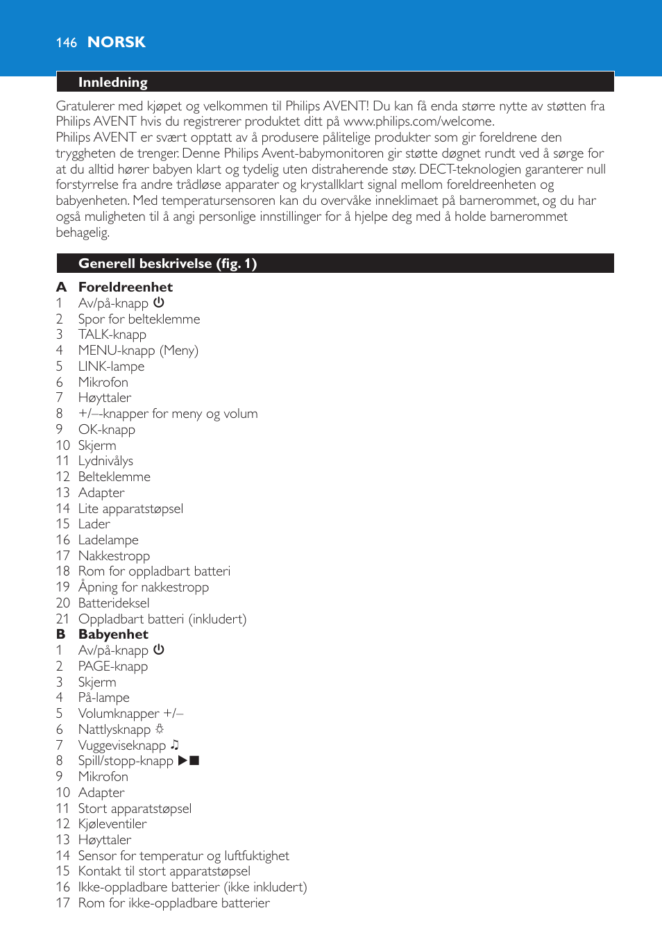 Norsk, Innledning, Generell beskrivelse (fig. 1) | Philips AVENT Vigilabebés DECT User Manual | Page 146 / 212