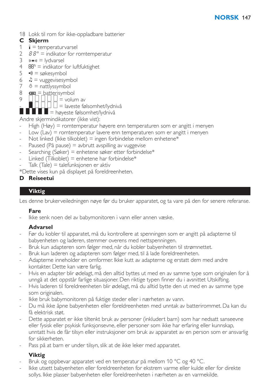 Fare, Advarsel, Viktig | Philips AVENT Vigilabebés DECT User Manual | Page 147 / 212