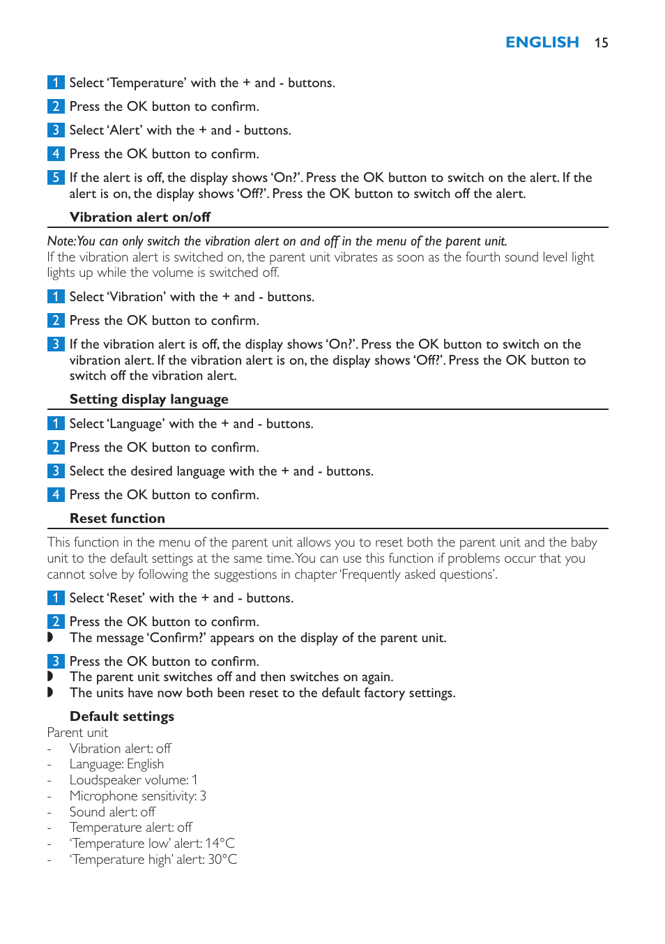 Vibration alert on/off, Setting display language, Reset function | Default settings | Philips AVENT Vigilabebés DECT User Manual | Page 15 / 212