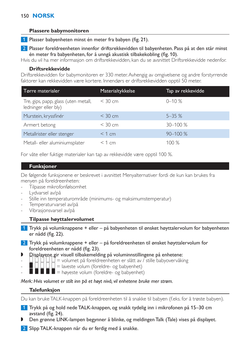 Plassere babymonitoren, Driftsrekkevidde, Funksjoner | Tilpasse høyttalervolumet, Talefunksjon | Philips AVENT Vigilabebés DECT User Manual | Page 150 / 212