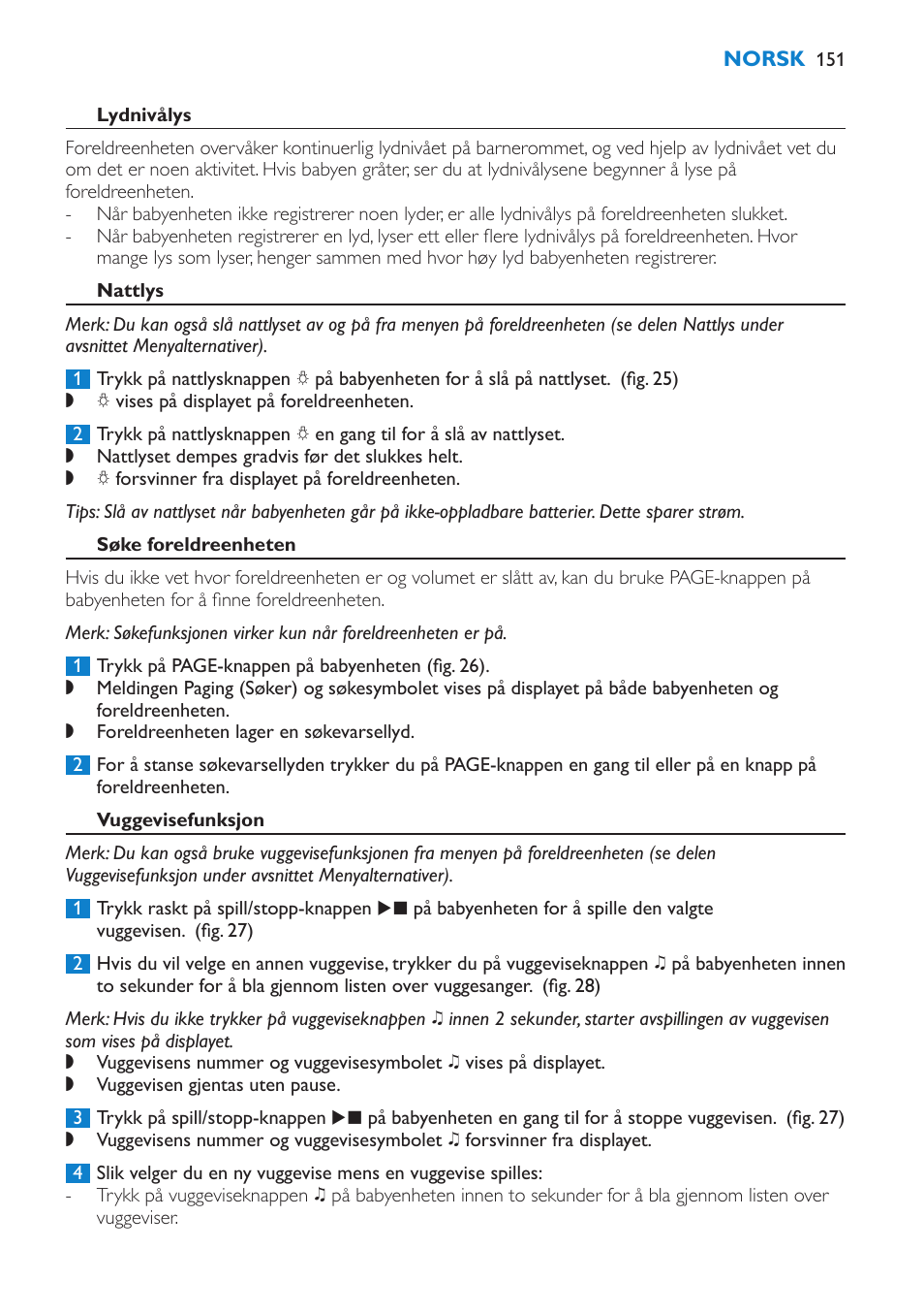 Lydnivålys, Nattlys, Søke foreldreenheten | Vuggevisefunksjon | Philips AVENT Vigilabebés DECT User Manual | Page 151 / 212