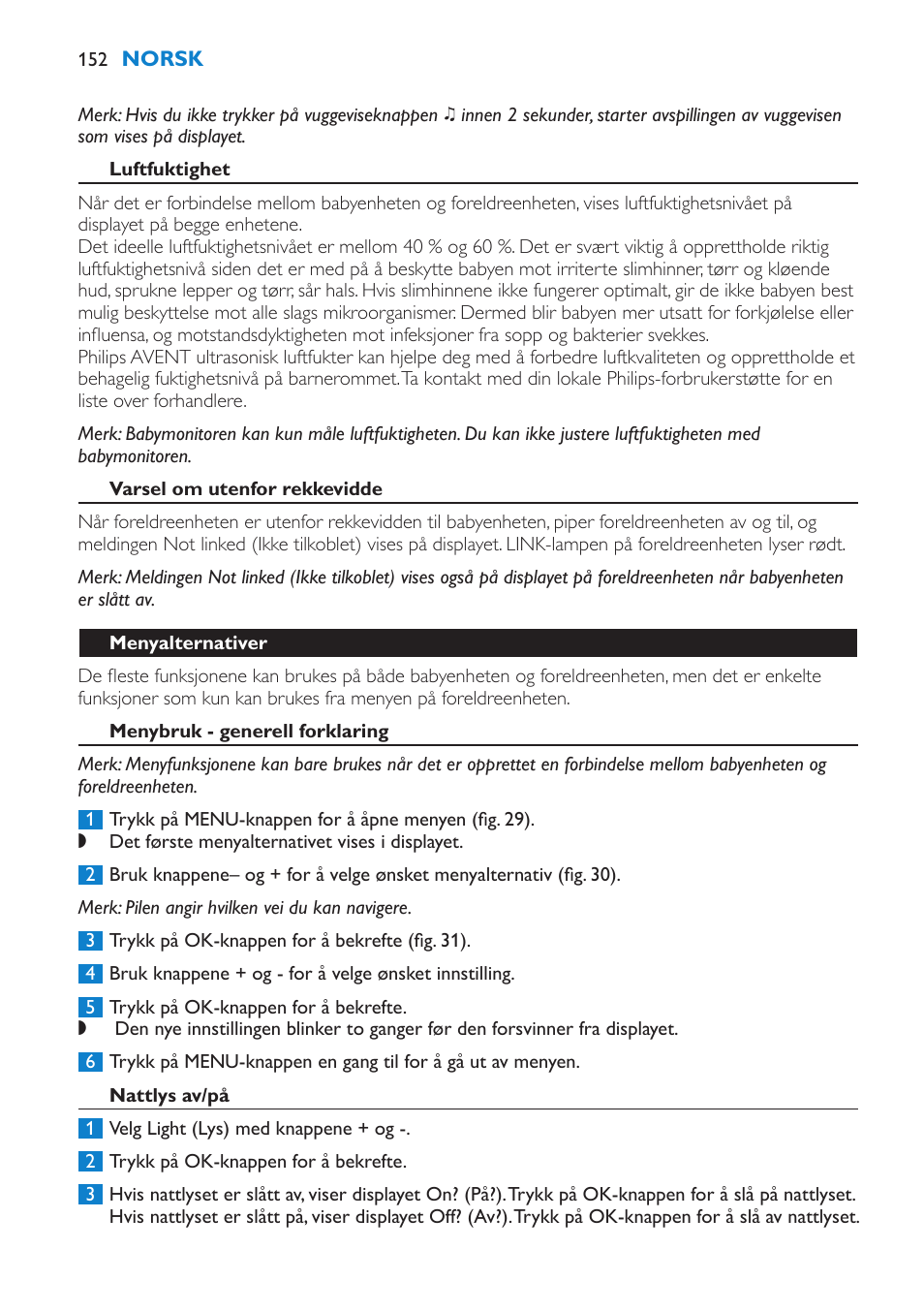 Luftfuktighet, Varsel om utenfor rekkevidde, Menyalternativer | Menybruk - generell forklaring, Nattlys av/på | Philips AVENT Vigilabebés DECT User Manual | Page 152 / 212