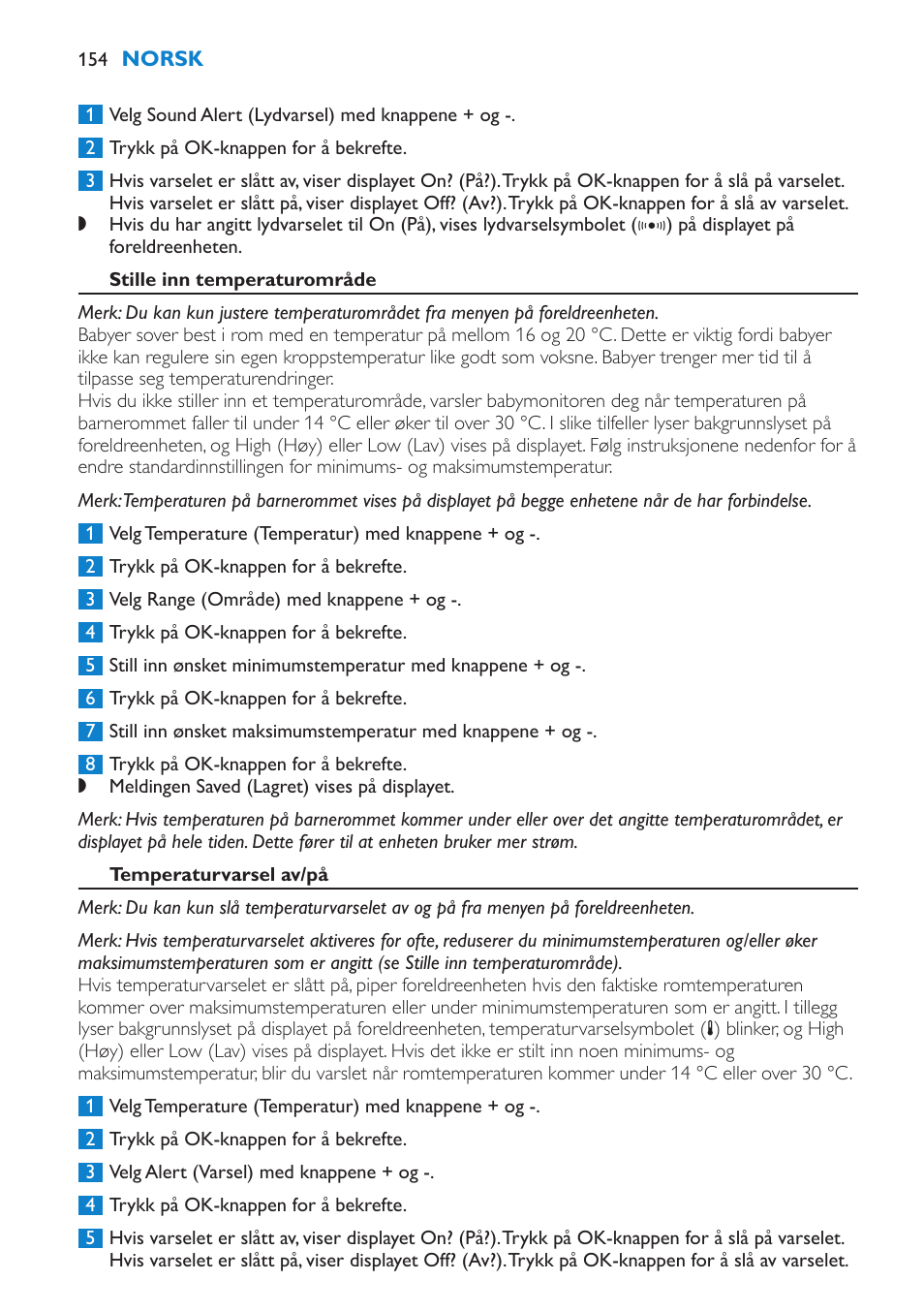 Stille inn temperaturområde, Temperaturvarsel av/på | Philips AVENT Vigilabebés DECT User Manual | Page 154 / 212