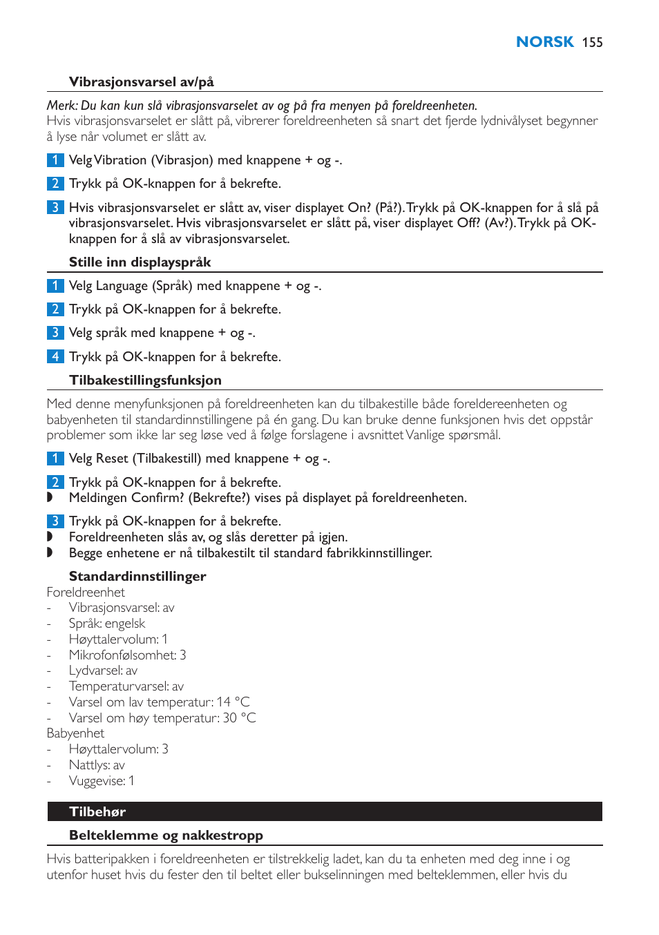 Vibrasjonsvarsel av/på, Stille inn displayspråk, Tilbakestillingsfunksjon | Standardinnstillinger | Philips AVENT Vigilabebés DECT User Manual | Page 155 / 212