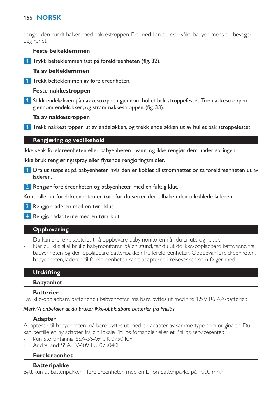 Tilbehør, Belteklemme og nakkestropp, Feste belteklemmen | Ta av belteklemmen, Feste nakkestroppen, Ta av nakkestroppen, Rengjøring og vedlikehold, Oppbevaring, Utskifting, Babyenhet | Philips AVENT Vigilabebés DECT User Manual | Page 156 / 212