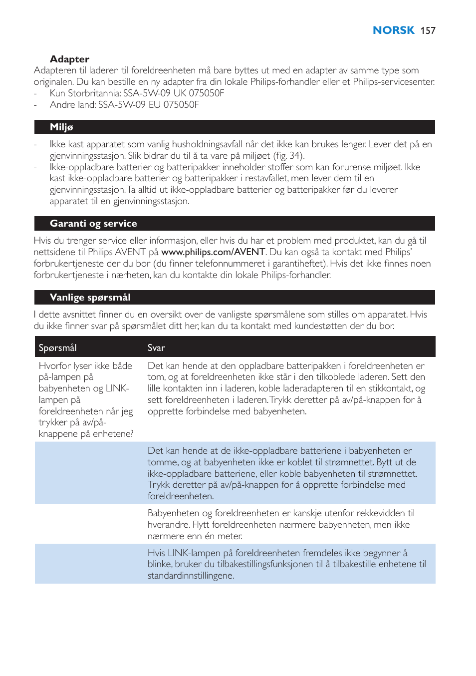 Foreldreenhet, Batteripakke, Adapter | Miljø, Garanti og service, Vanlige spørsmål | Philips AVENT Vigilabebés DECT User Manual | Page 157 / 212