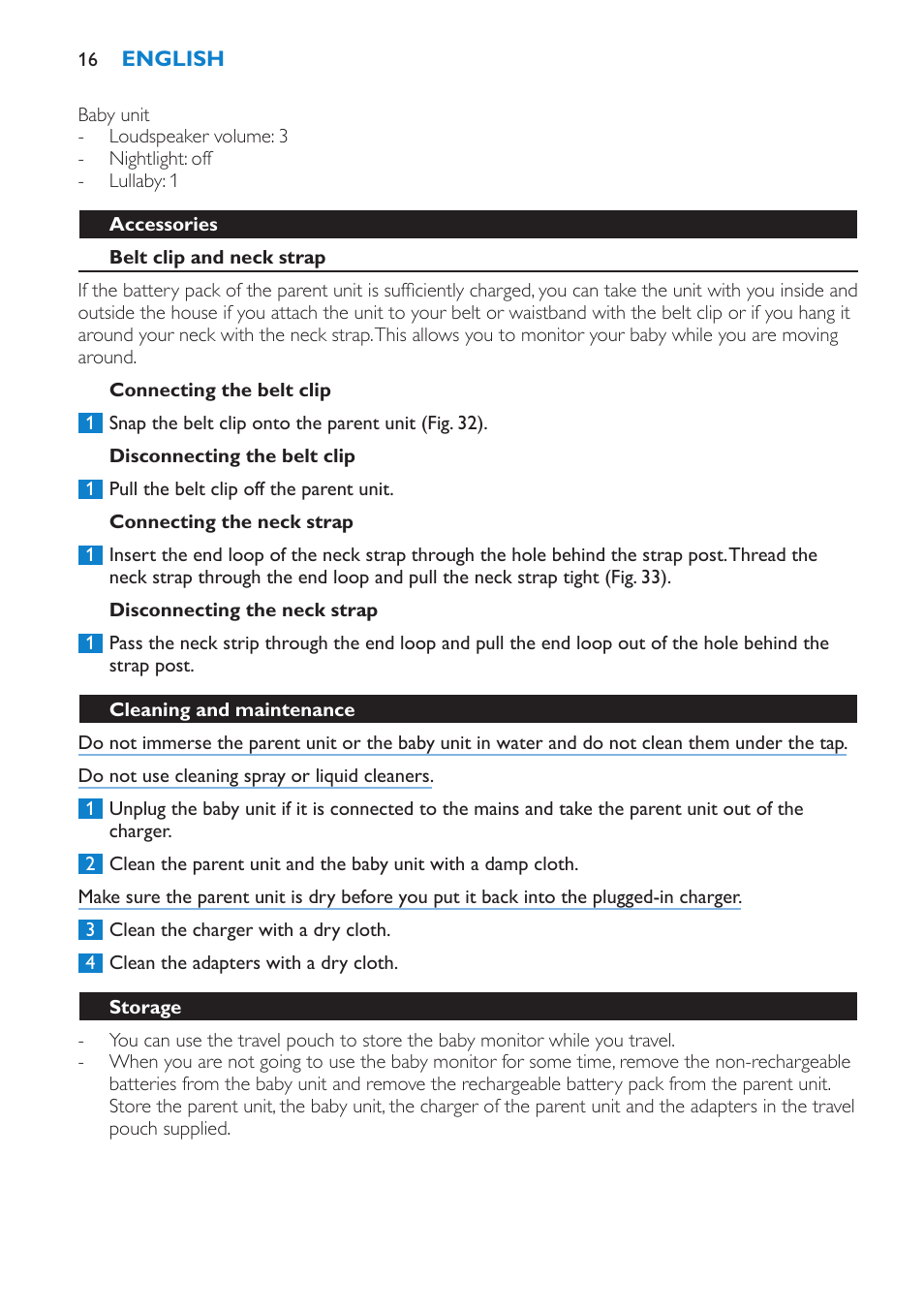 Accessories, Belt clip and neck strap, Connecting the belt clip | Disconnecting the belt clip, Connecting the neck strap, Disconnecting the neck strap, Cleaning and maintenance, Storage, Replacement, Baby unit | Philips AVENT Vigilabebés DECT User Manual | Page 16 / 212