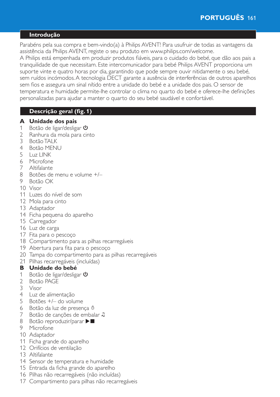 Português, Introdução, Descrição geral (fig. 1) | Philips AVENT Vigilabebés DECT User Manual | Page 161 / 212