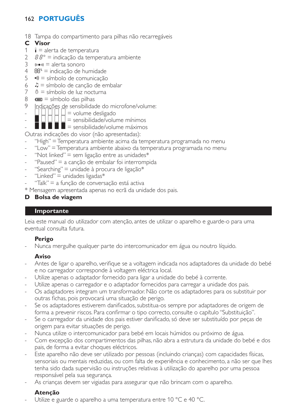 Perigo, Aviso, Importante | Philips AVENT Vigilabebés DECT User Manual | Page 162 / 212