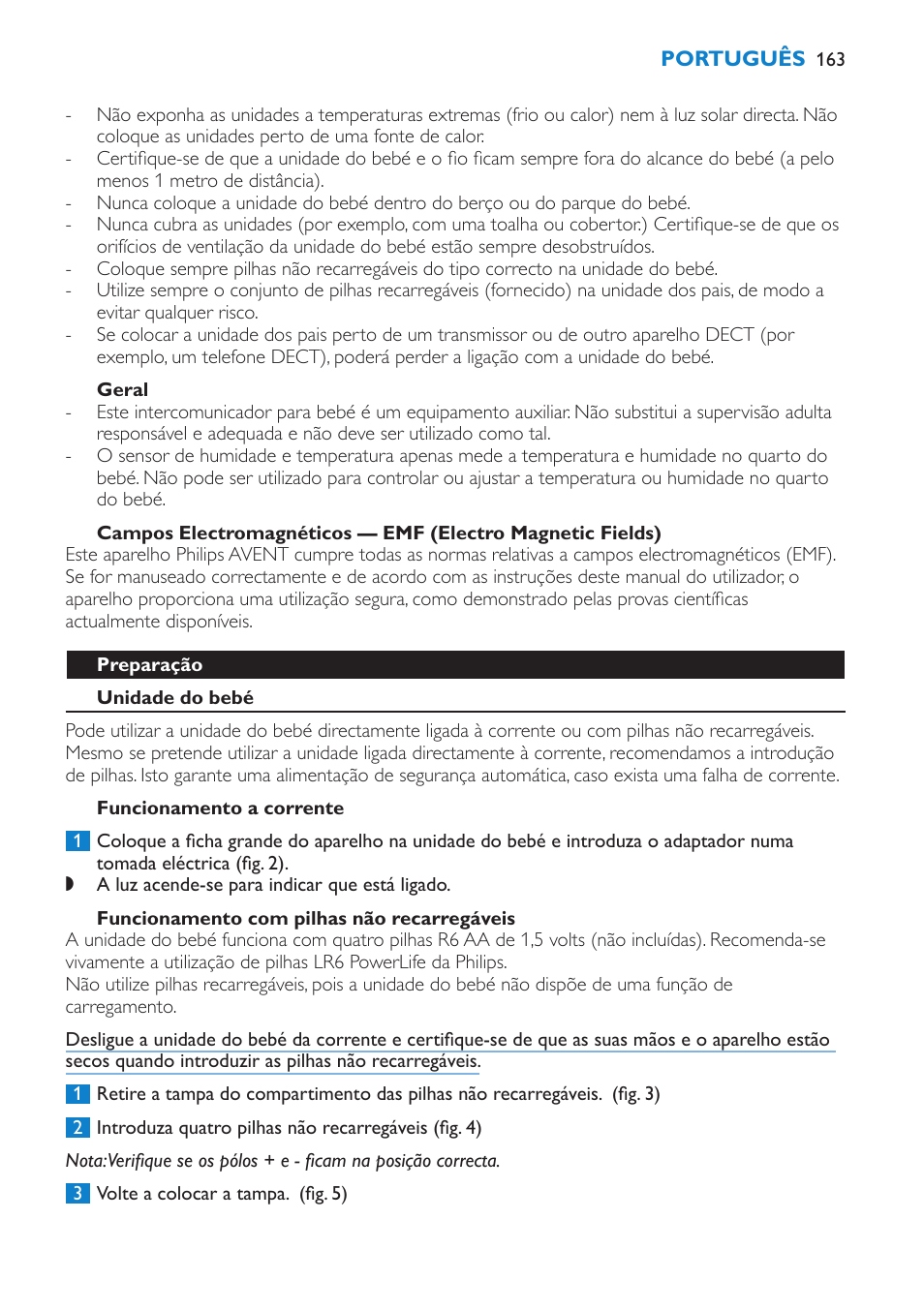 Atenção, Geral, Preparação | Unidade do bebé, Funcionamento a corrente, Funcionamento com pilhas não recarregáveis | Philips AVENT Vigilabebés DECT User Manual | Page 163 / 212