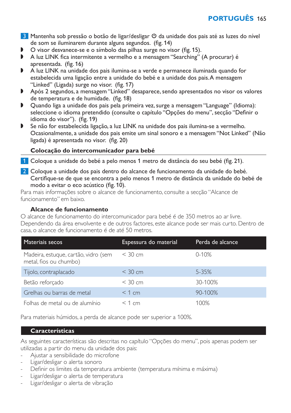 Colocação do intercomunicador para bebé, Alcance de funcionamento, Características | Philips AVENT Vigilabebés DECT User Manual | Page 165 / 212