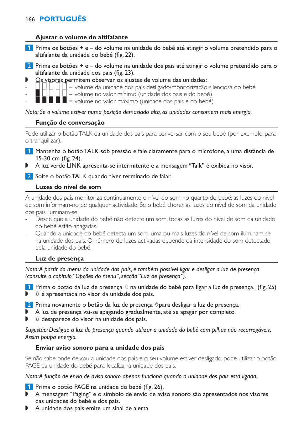 Ajustar o volume do altifalante, Função de conversação, Luzes do nível de som | Luz de presença, Enviar aviso sonoro para a unidade dos pais | Philips AVENT Vigilabebés DECT User Manual | Page 166 / 212