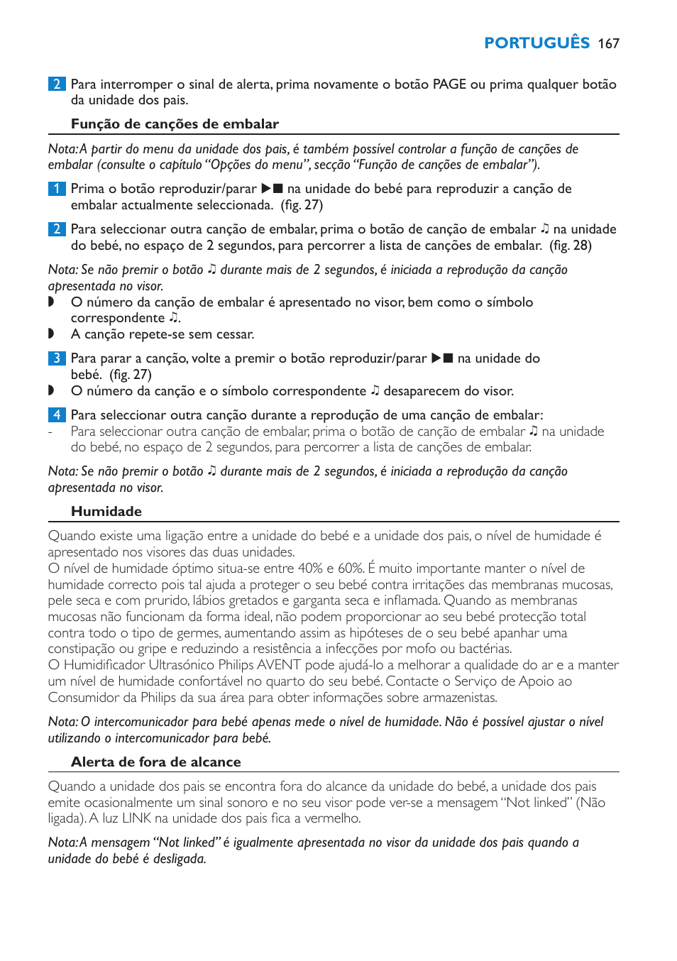 Função de canções de embalar, Humidade, Alerta de fora de alcance | Philips AVENT Vigilabebés DECT User Manual | Page 167 / 212