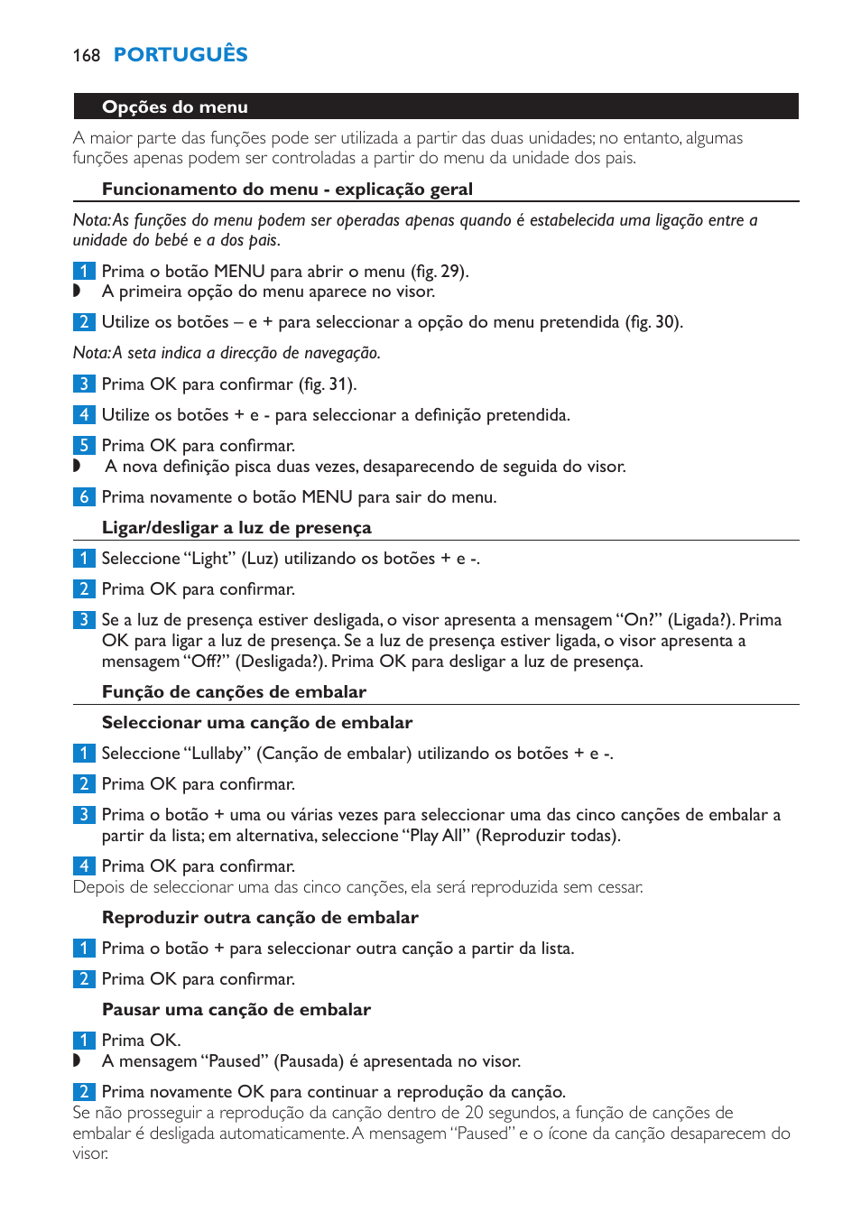Opções do menu, Funcionamento do menu - explicação geral, Ligar/desligar a luz de presença | Função de canções de embalar, Seleccionar uma canção de embalar, Reproduzir outra canção de embalar, Pausar uma canção de embalar | Philips AVENT Vigilabebés DECT User Manual | Page 168 / 212