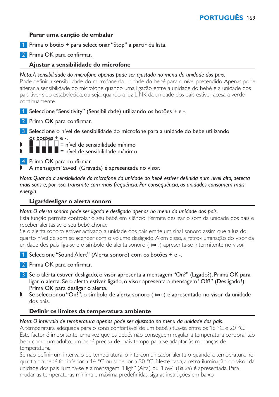 Parar uma canção de embalar, Ajustar a sensibilidade do microfone, Ligar/desligar o alerta sonoro | Definir os limites da temperatura ambiente | Philips AVENT Vigilabebés DECT User Manual | Page 169 / 212