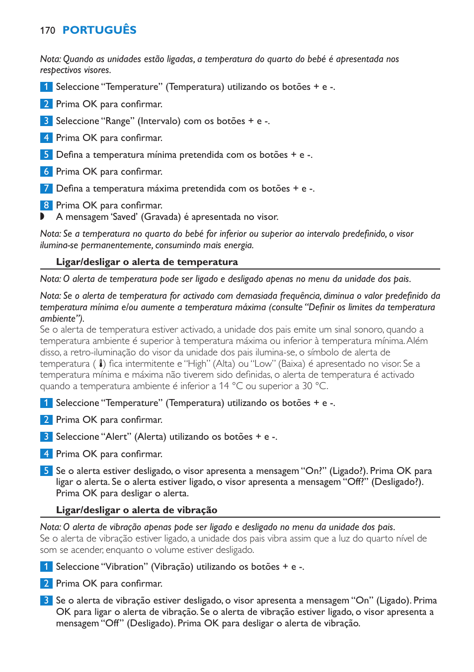 Ligar/desligar o alerta de temperatura, Ligar/desligar o alerta de vibração | Philips AVENT Vigilabebés DECT User Manual | Page 170 / 212